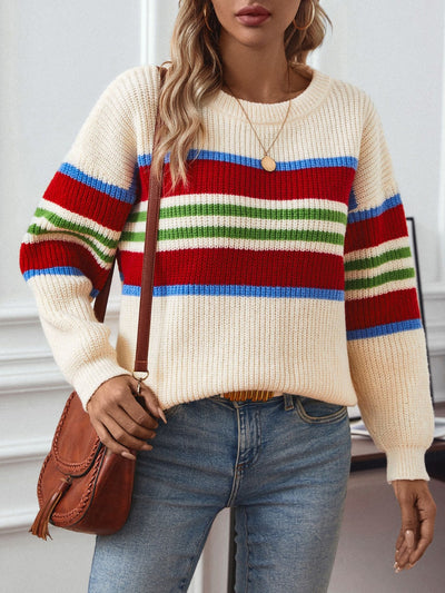 Explore More Collection - Contrast Stripes Round Neck Long Sleeve Sweater