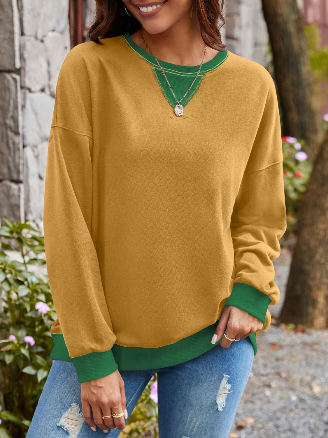 Explore More Collection - Contrast Round Neck Long Sleeve Sweatshirt
