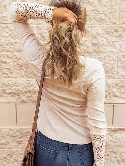 Explore More Collection - Lace Detail Half Button Round Neck Long Sleeve T-Shirt