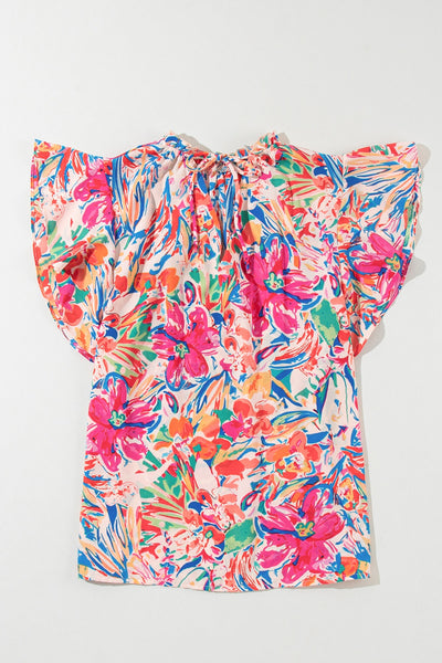 Explore More Collection - Ruffled Printed Tie Neck Cap Sleeve Blouse