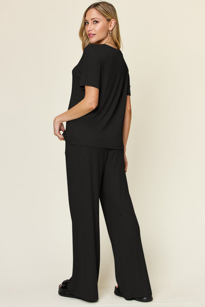 Explore More Collection - Double Take Full Size Round Neck Short Sleeve T-Shirt and Wide Leg Pants Set