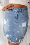 Explore More Collection - Distressed Raw Hem Heart Denim Skirt