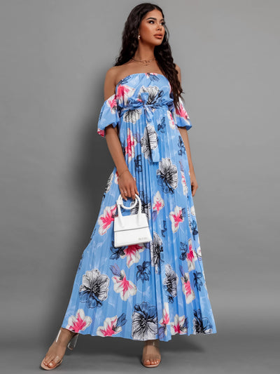 Explore More Collection - Pleated Floral Off-Shoulder Short Sleeve Midi Dress