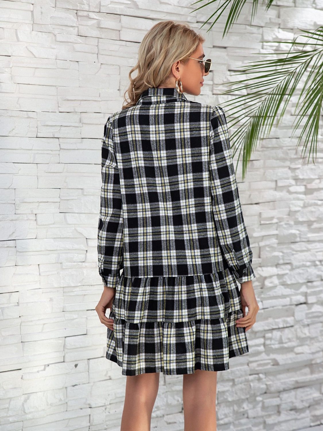 Sample Ruffle Hem Plaid Button Down Long Sleeve Dress