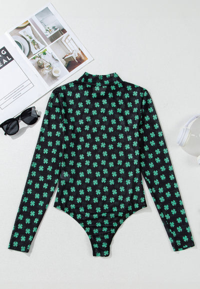 Explore More Collection - Lucky Clover Mock Neck Long Sleeve Bodysuit