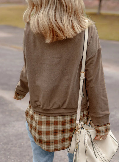 Explore More Collection - Drawstring Plaid Turtleneck Long Sleeve Top