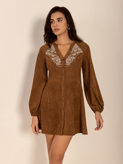 Explore More Collection - Notched Button Down Long Sleeve Mini Dress