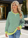 Explore More Collection - Slit Striped Round Neck Long Sleeve Sweatshirt