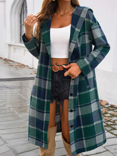 Explore More Collection - Plaid Long Sleeve Hooded Coat