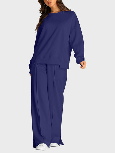 Explore More Collection - Round Neck Long Sleeve Top and Slit Pants Set