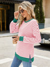 Explore More Collection - Slit Striped Round Neck Long Sleeve Sweatshirt