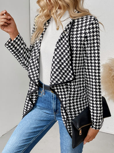 Explore More Collection - Houndstooth Open Front Long Sleeve Jacket