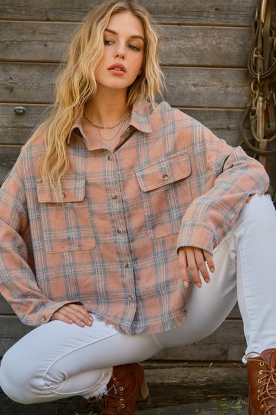 Explore More Collection - And The Why Full Size Plaid Button Up Raw Hem Shirt