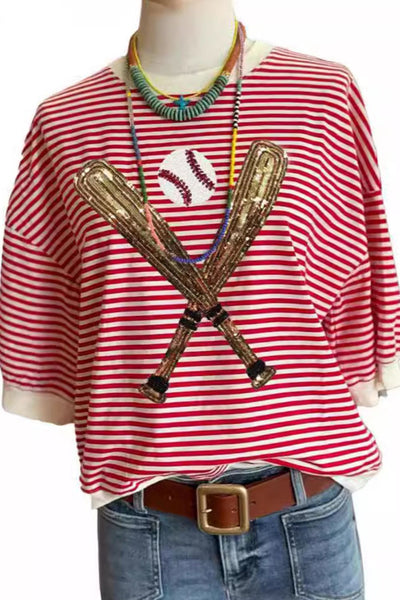 Explore More Collection - Full Size Baseball & Stripes Round Neck Half Sleeve T-Shirt