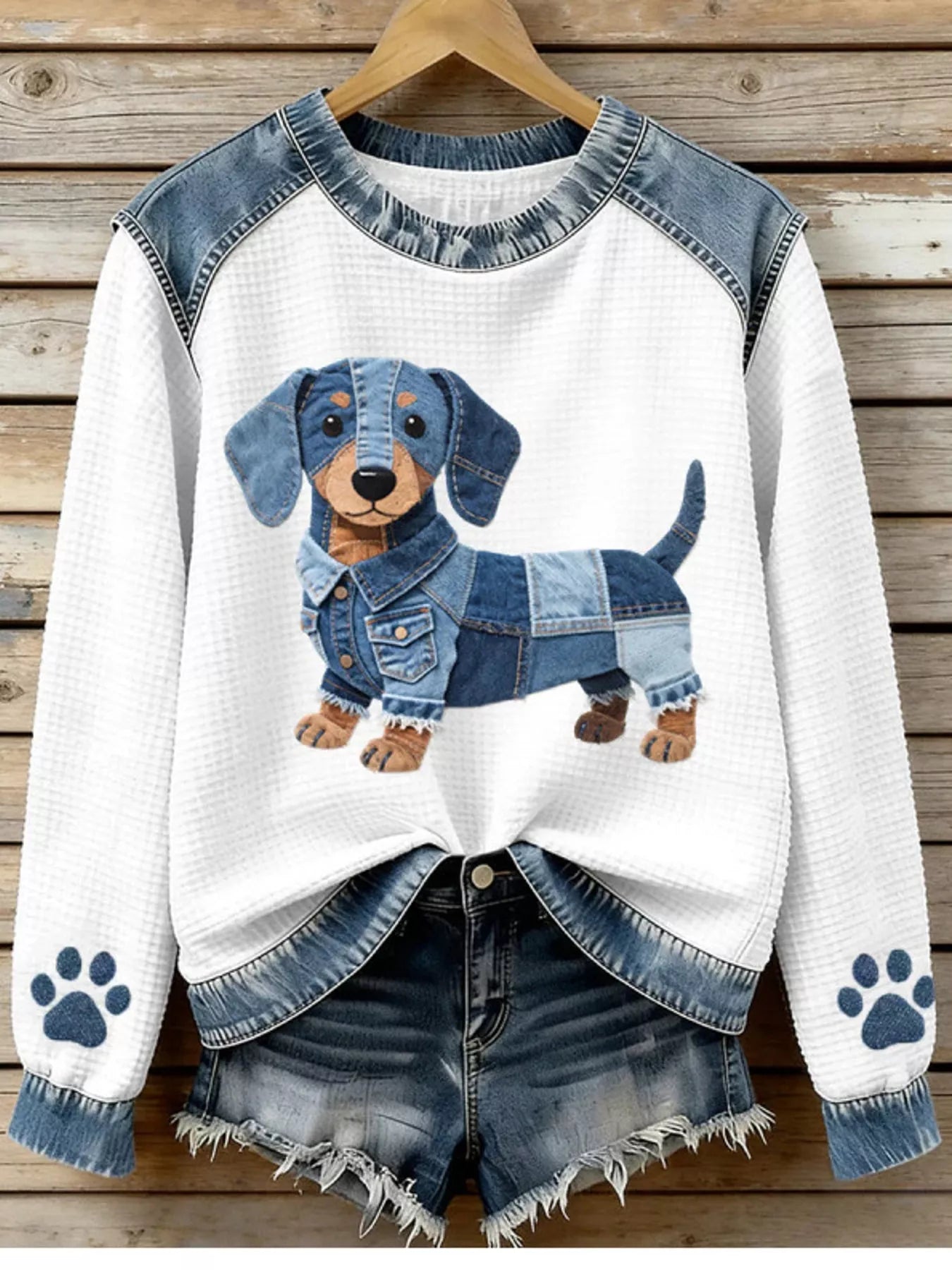 Full Size Dog Denim Patchwork Waffle Knit Sweatshirt Plus Size