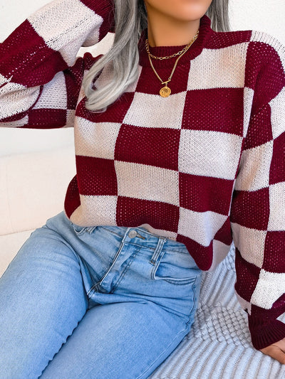 Explore More Collection - Checkered Mock Neck Long Sleeve Sweater