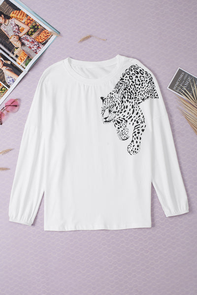 Explore More Collection - Leopard Round Neck Long Sleeve T-Shirt