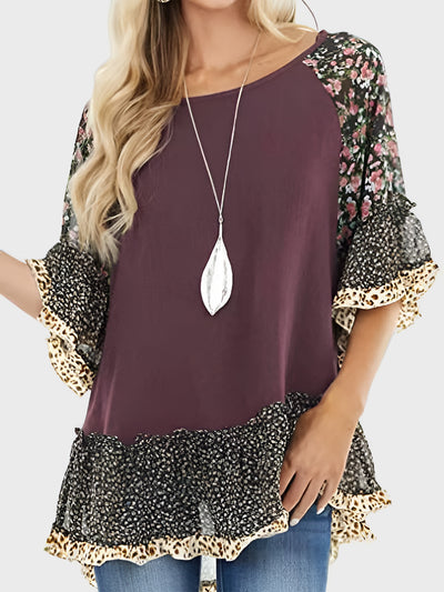 Explore More Collection - Full Size Frill Printed Round Neck Half Sleeve Blouse