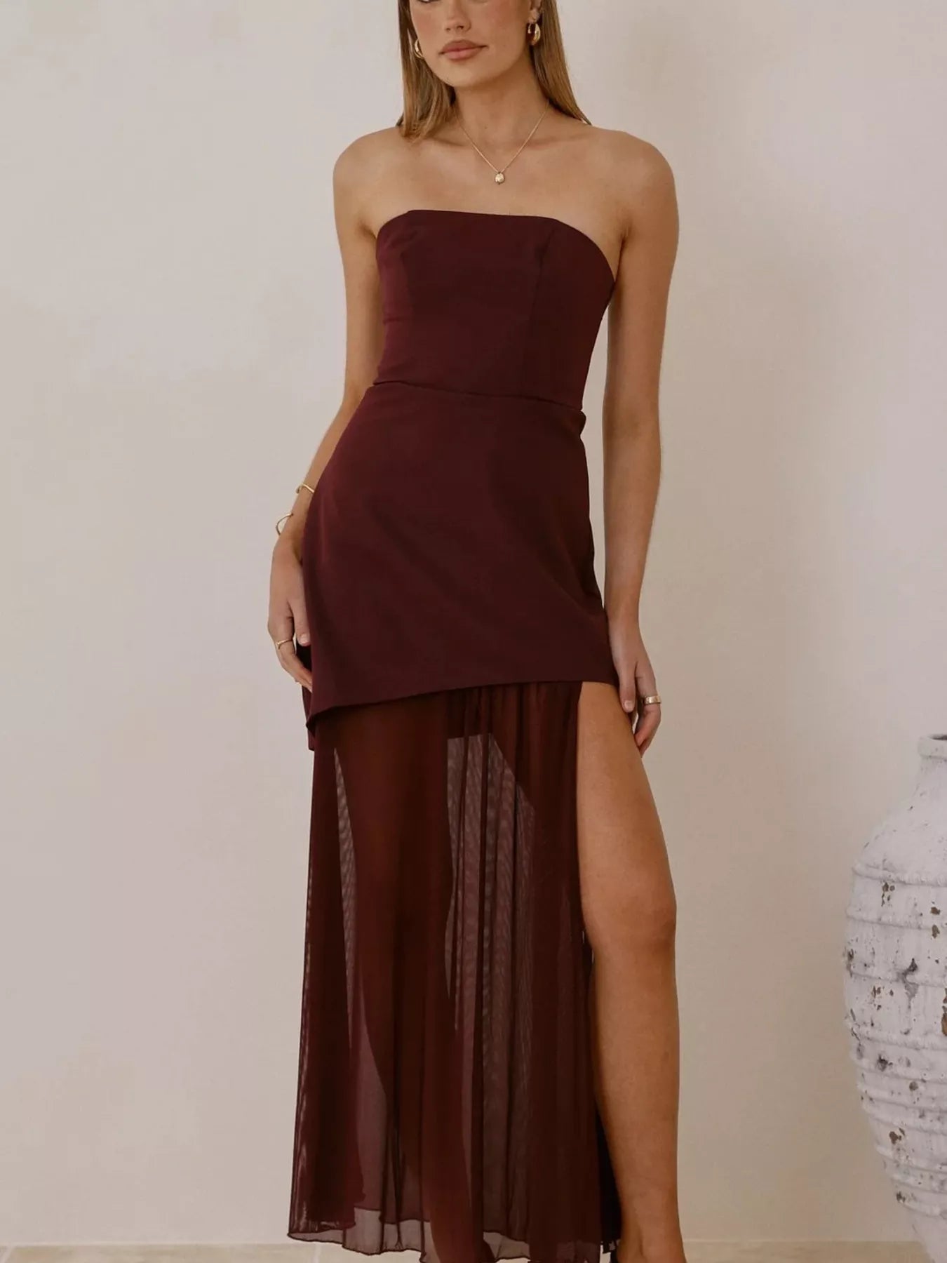 High Slit Mesh Tube Maxi Dress
