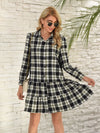 Explore More Collection - Ruffle Hem Plaid Button Down Long Sleeve Dress