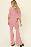 Explore More Collection - Double Take Full Size Round Neck Drop Shoulder T-Shirt and Flare Pants Set