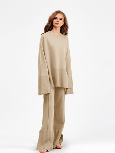 Explore More Collection - Basic Bae Slit Round Neck Long Sleeve Top and Drawstring Pants Sweater Set