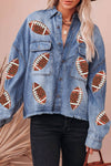 Explore More Collection - Raw Hem Sequin Football Long Sleeve Denim Jacket