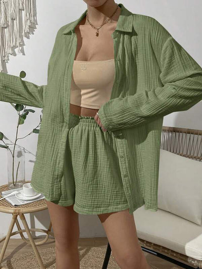 Explore More Collection - Dropped Shoulder Button Up Top and Elastic Waist Shorts Set