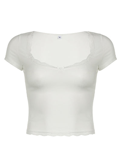 Explore More Collection - Lace Detail Sweetheart Neck Short Sleeve T-Shirt