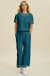 Explore More Collection - Double Take Full Size Pearl Detail Round Neck Top and Pants Set