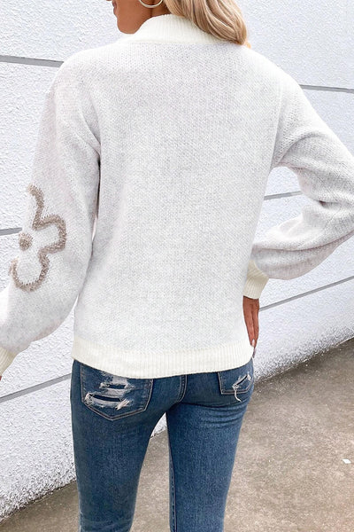 Explore More Collection - Flower Half Zip Dropped Shoulder Sweater