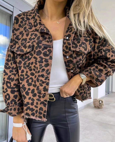 Explore More Collection - Raw Hem Leopard Collared Neck Denim Jacket