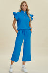 Explore More Collection - Double Take Full Size Texture Ruffle Short Sleeve Top and Wide Leg Pants Set