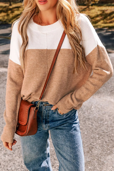 Explore More Collection - Color Block Round Neck Long Sleeve Sweater