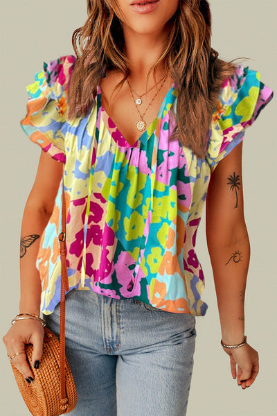 Explore More Collection - Ruffled Printed Tie Neck Cap Sleeve Blouse