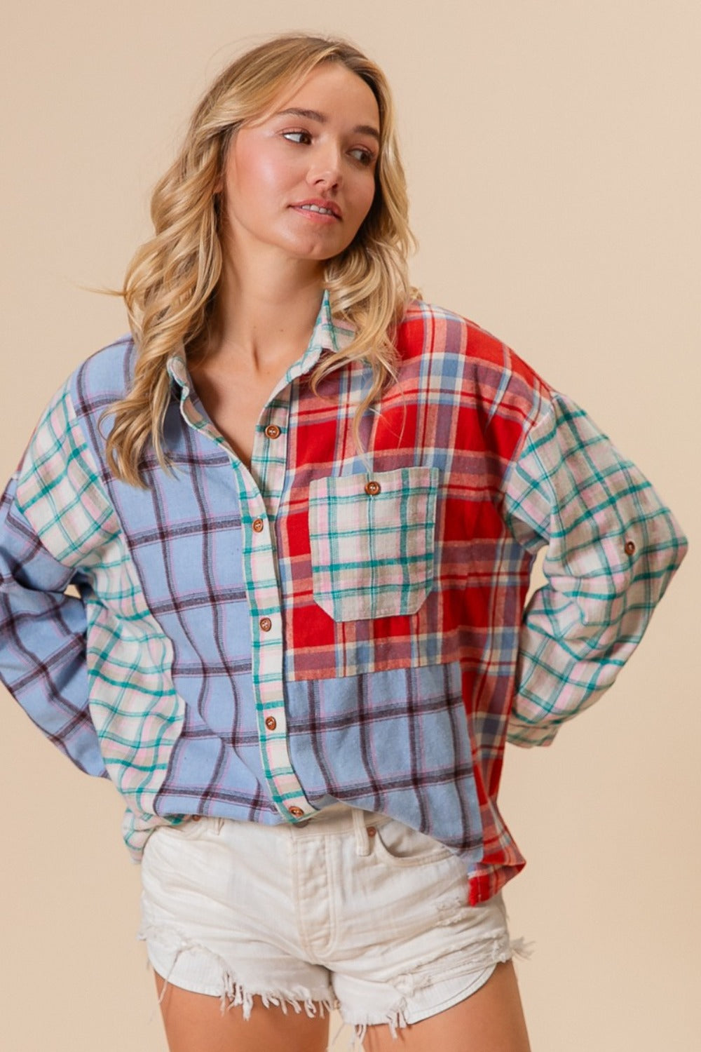 Explore More Collection - BiBi Color Block Plaid Button Down Shirt