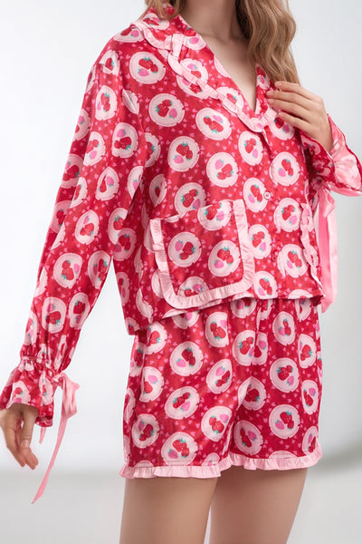 Explore More Collection - Valentine’s Day Frill Strawberry Print Flounce Sleeve Top and Shorts Lounge Set