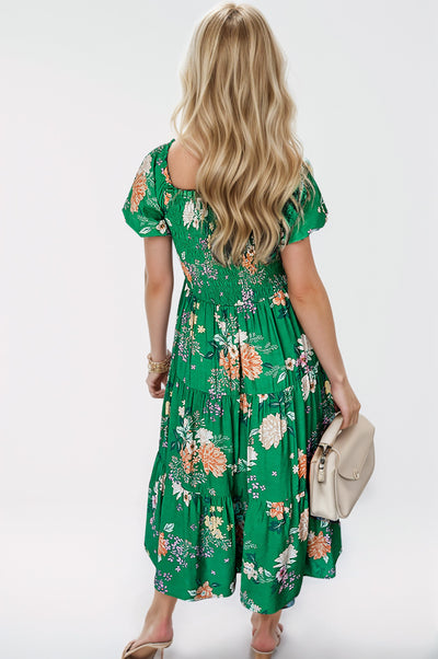 Explore More Collection - Smocked Printed Puff Sleeve Midi Dress