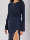 Explore More Collection - Split Round Neck Long Sleeve Midi Dress