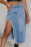 Explore More Collection - Raw Hem Slit Denim Skirt with Pockets