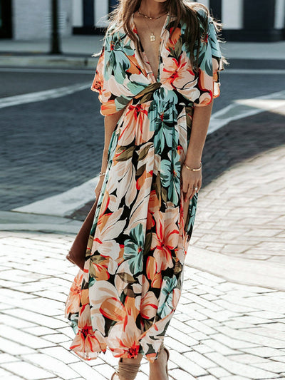 Explore More Collection - Floral Plunge Half Sleeve Dress