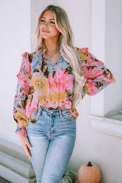 Explore More Collection - Ruffled Printed Tie Neck Flounce Sleeve Blouse