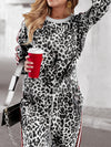 Explore More Collection - Leopard Round Neck Long Sleeve Top and Pants Set