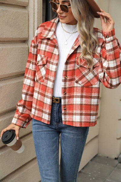 Explore More Collection - Pocketed Plaid Collared Neck Dropped Shoulder Jacket