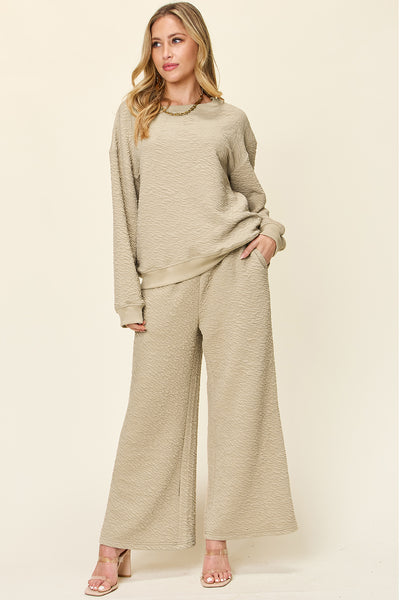 Explore More Collection - Double Take Full Size Texture Long Sleeve Top and Pants Set