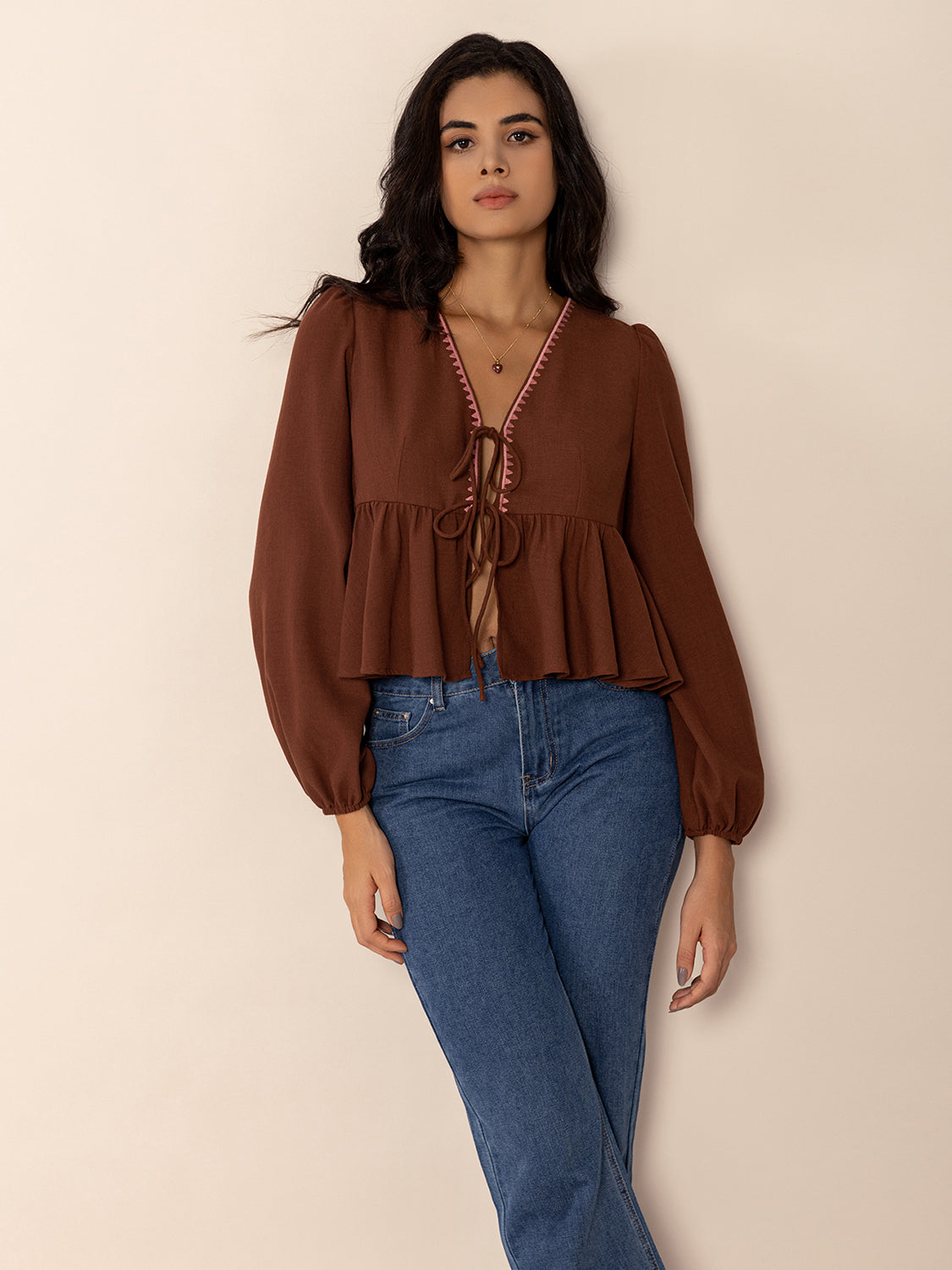 Explore More Collection - Peplum Tied V-Neck Long Sleeve Blouse