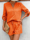 Explore More Collection - Notched Long Sleeve Top and Shorts Set