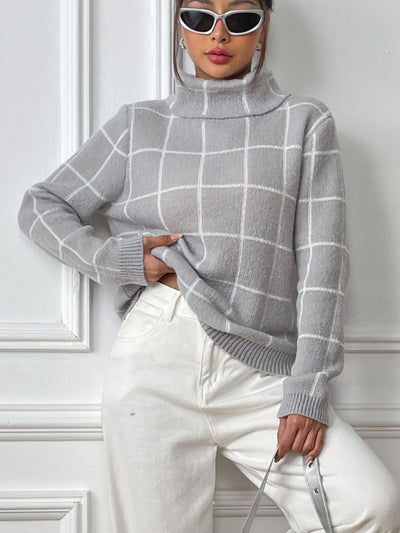 Explore More Collection - Plaid Turtleneck Long Sleeve Sweater