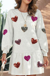 Explore More Collection - Sequin Heart Round Neck Long Sleeve Mini Dress