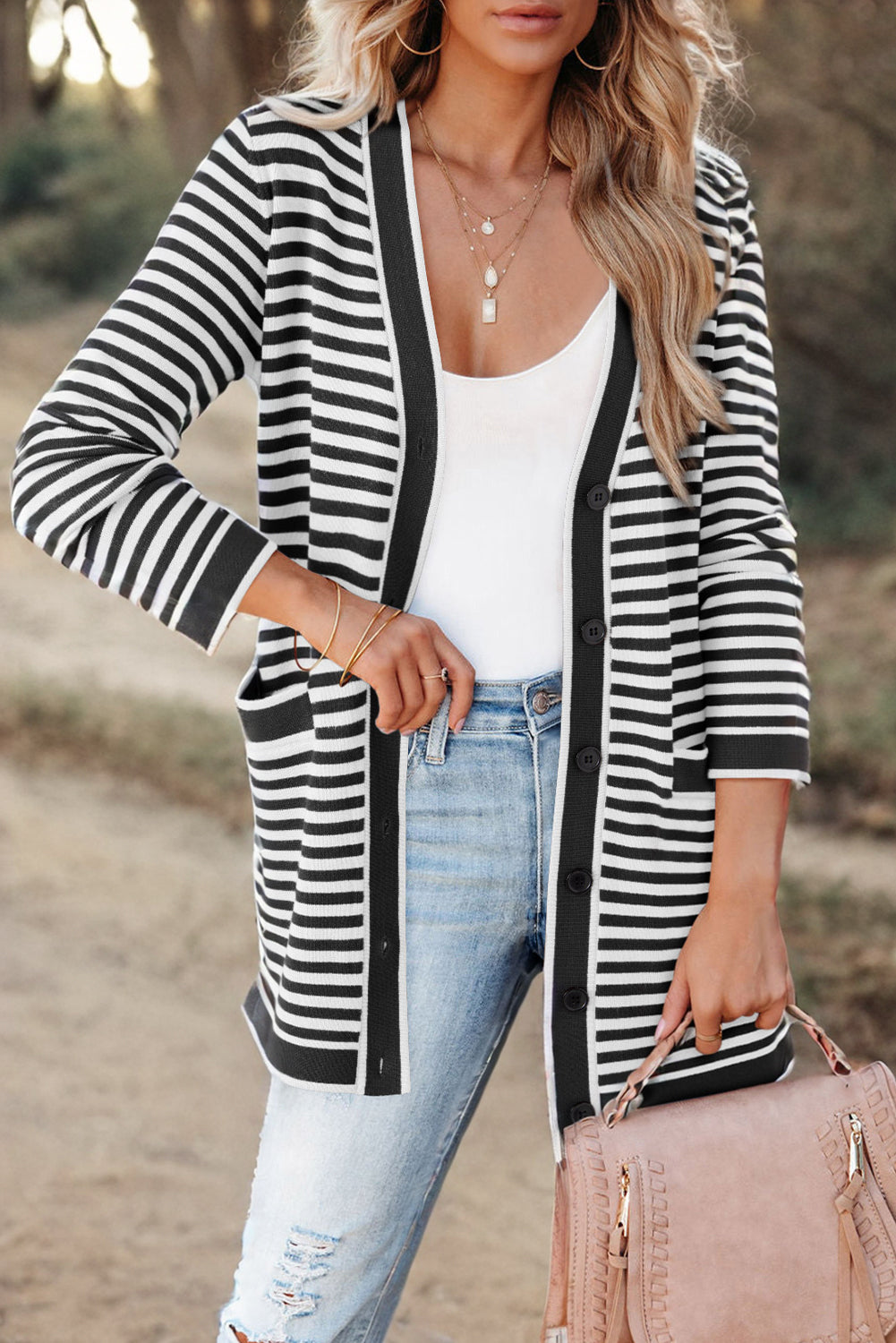 Explore More Collection - Striped Open Front Long Sleeve Cardigan